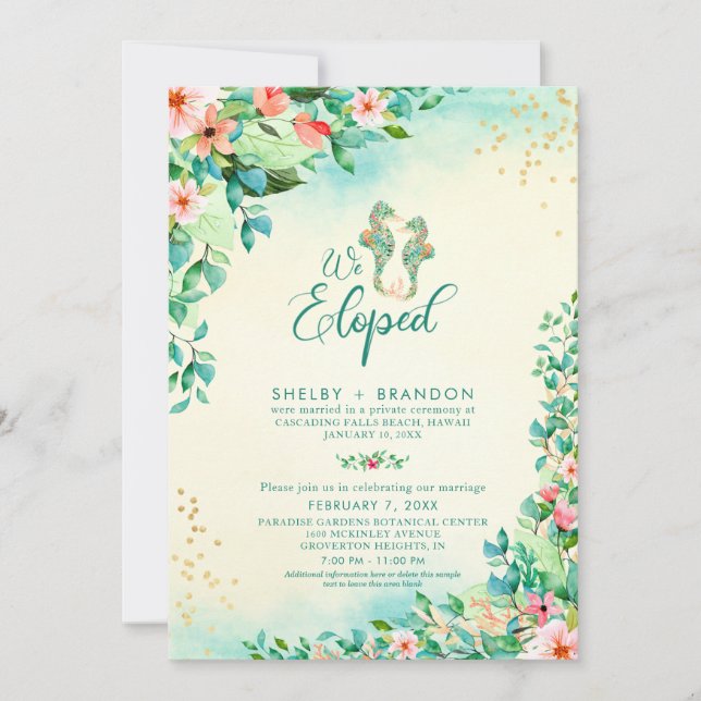 Tropical Wedding Eloped Reception Floral Seahorses Invitation (Front)