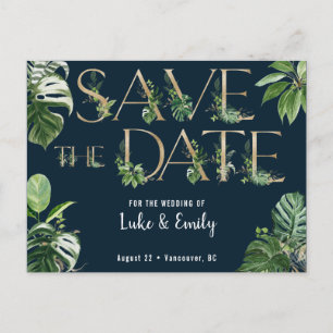 Tropical Wedding Gold & Navy Save the Date Postcard
