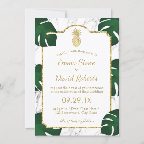 Tropical Wedding Gold Pineapple White Marble Invitation