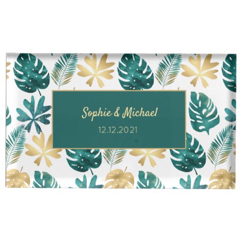 Tropical Wedding Green Gold Yellow Pattern Place Card Holder