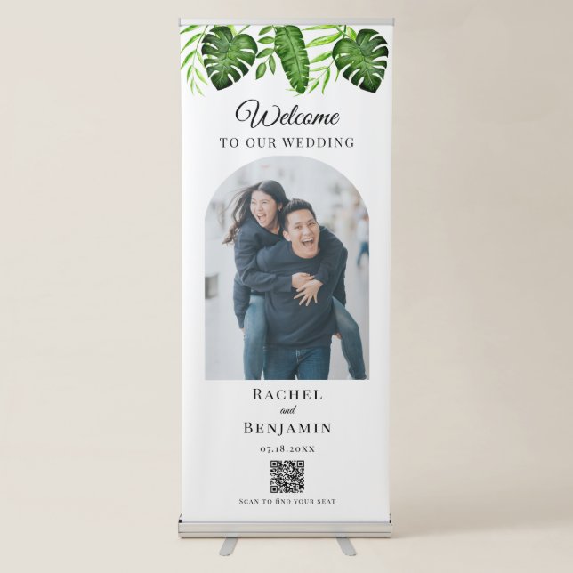 Tropical Wedding Greenery Welcome Photo QR Code Retractable Banner (Front)
