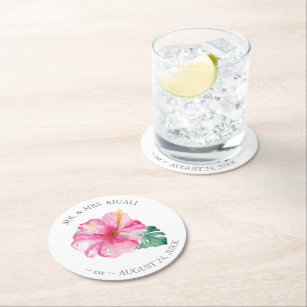 Tropical Wedding Hibiscus Flower Round Paper Coaster