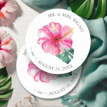 Tropical Wedding Hibiscus Flower Round Paper Coaster<br><div class="desc">Add a touch of tropical elegance to your rehearsal dinner or engagement party with these personalized coasters. Featuring a replica of my original watercolor artwork, this design showcases vibrant hibiscus flowers and lush monstera palm leaves in stunning shades of pink and green. Perfect for a destination wedding in Florida or...</div>