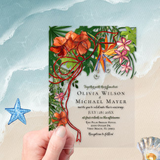 Tropical Wedding I Floral & Red Bow Acrylic Invitations