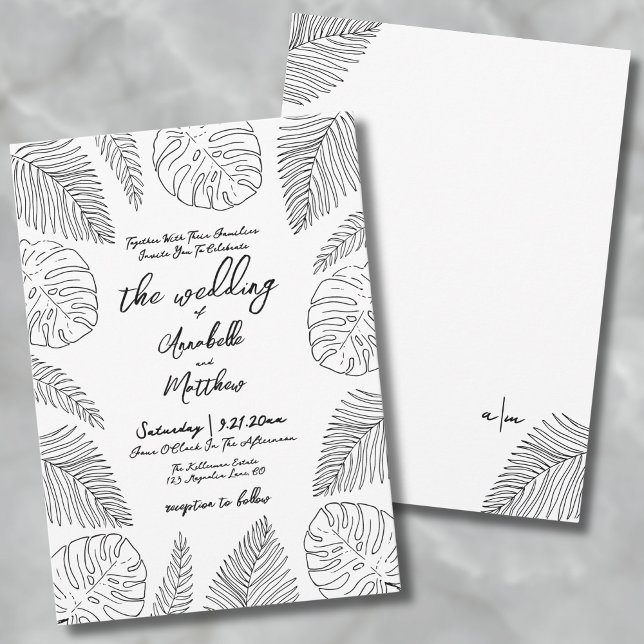 Tropical Wedding Invitation (Hand Drawn Leaves Tropical Wedding Invitation)