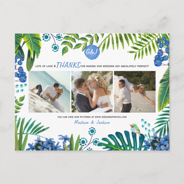 Tropical Wedding Leaves Thank you | 3 Photos Card (Front)