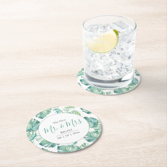 Tropical Wedding Monstera Palm Leaf Round Paper Coaster (Insitu)