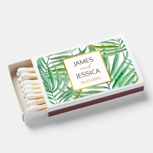 Tropical Wedding Palm Tree Green Gold Favors Matchboxes