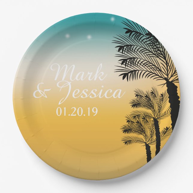 Tropical Wedding Palm Trees Pink Sunset Beach Paper Plates (Front)