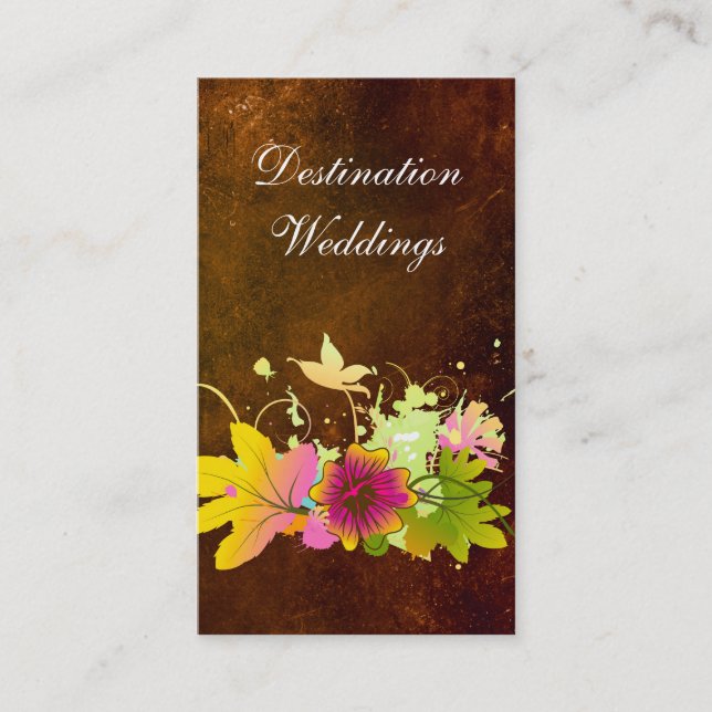 Tropical Wedding Planner Vintage Brown Pink Flower Business Card (Front)