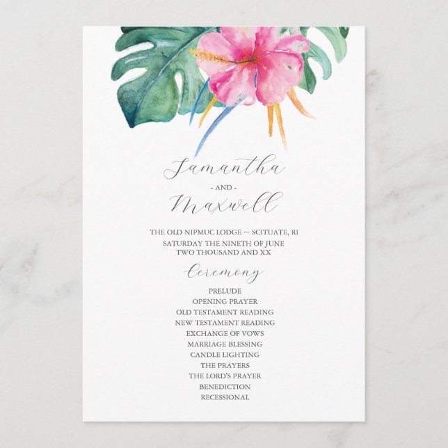 Tropical Wedding Programs Pink Flowers (Front)