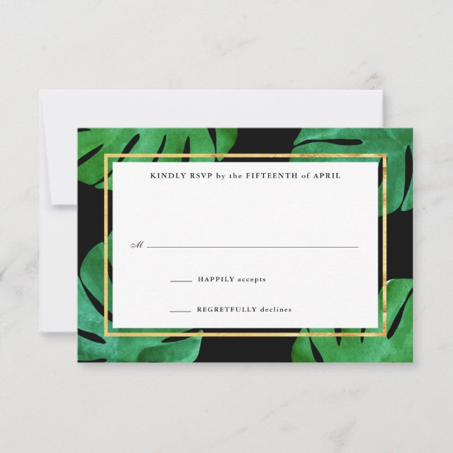 Tropical Wedding Reply Cards, Black and gold RSVP Card (Front)