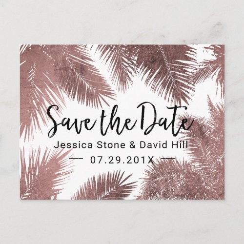 Tropical Wedding Rose Gold Palm Tree Save the Date Announcement Postcard