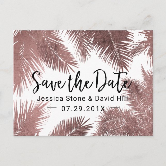 Tropical Wedding Rose Gold Palm Tree Save the Date Announcement Postcard (Front)