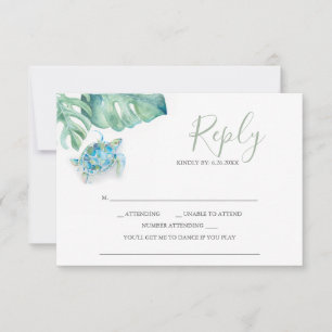 Tropical Wedding RSVP Cards Sea Turtle Palm Leaves