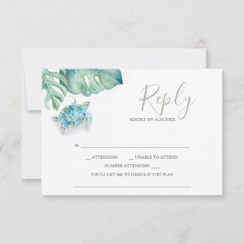 Tropical Wedding RSVP Cards Sea Turtle Palm Leaves