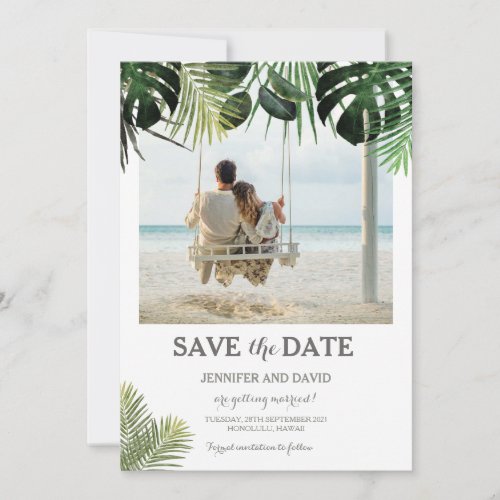 Tropical Wedding Save the Date Photo Fern Monstera