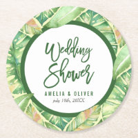 Tropical Wedding Shower Green Watercolor Leaves Round Paper Coaster