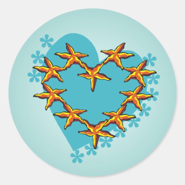 Tropical Wedding Starfish Heart Summer Beach Classic Round Sticker (Front)