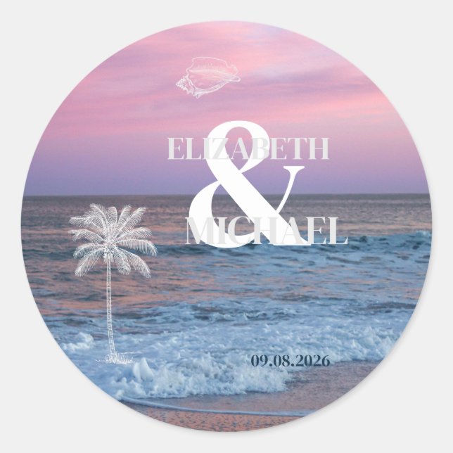 Tropical Wedding Sunrise Ocean Beach Classic Round Sticker (Front)