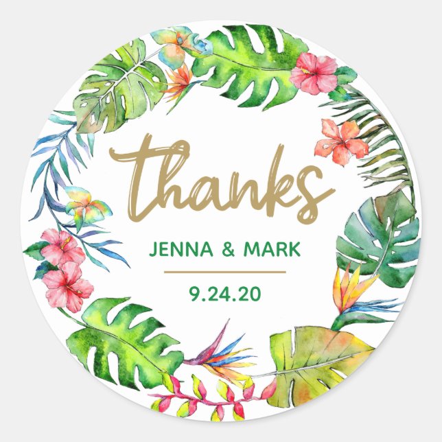 Tropical Wedding | Thanks Party Favor Stickers (Front)