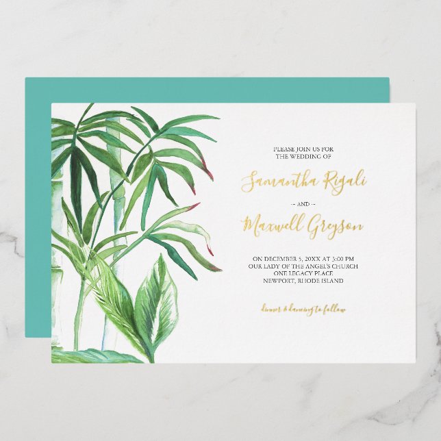 Tropical Wedding Theme Greenery Foil Invitation (Front/Back)