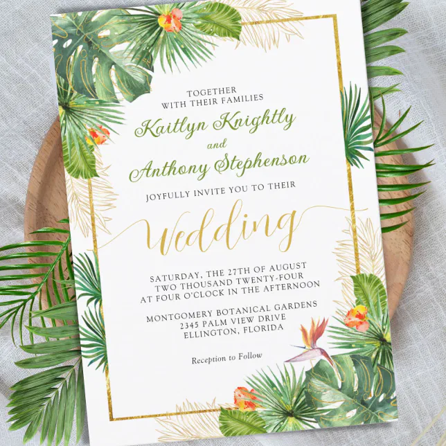 Tropical Wedding Watercolor Floral Gold Invitation | Zazzle