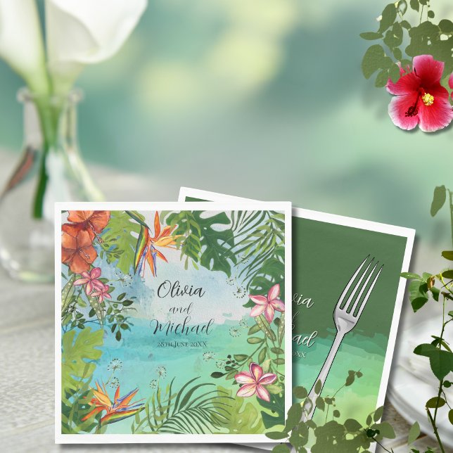Tropical Wedding  Watercolor Hibiscus Palm Green Napkins (Tropical Wedding Watercolor Hibiscus Palm Green Napkins)