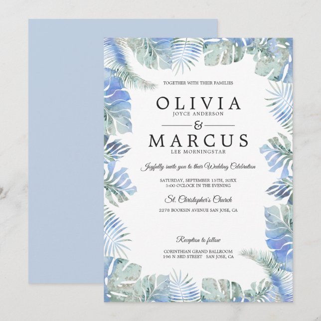Tropical Wedding Watercolor Leaves Blue Green Invitation (Front/Back)