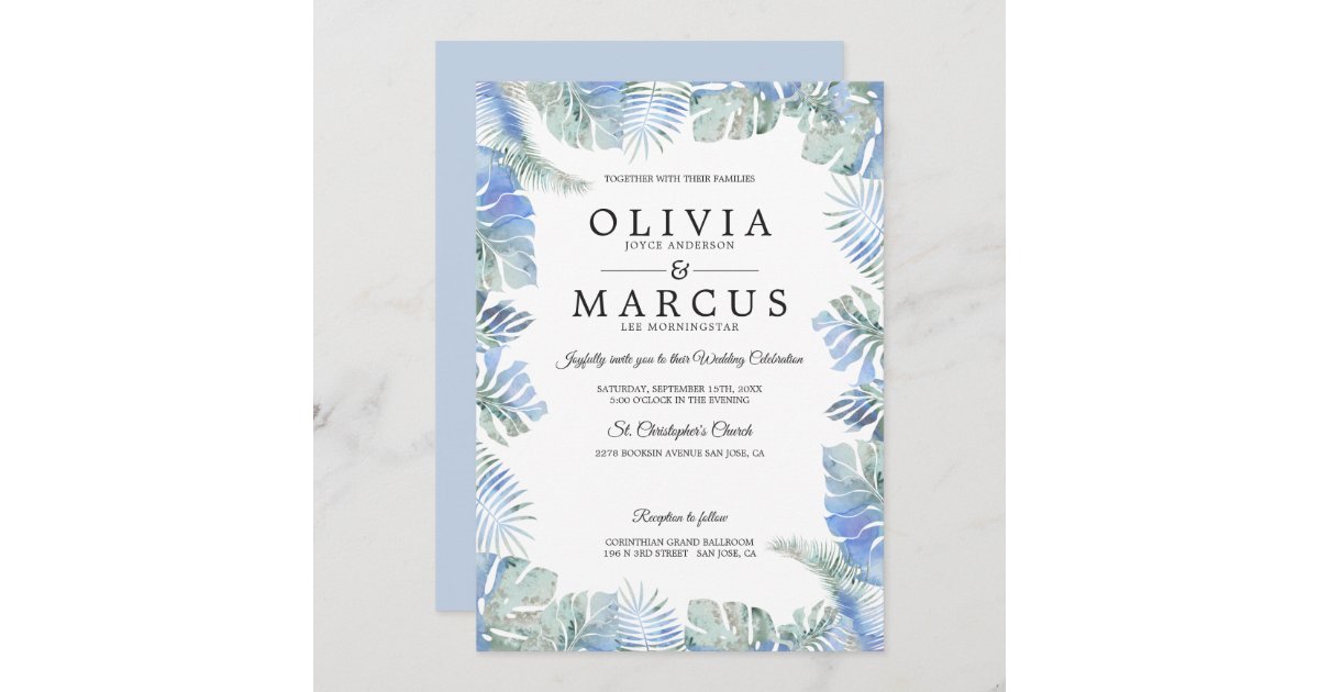 Tropical Wedding Watercolor Leaves Blue Green Invitation | Zazzle