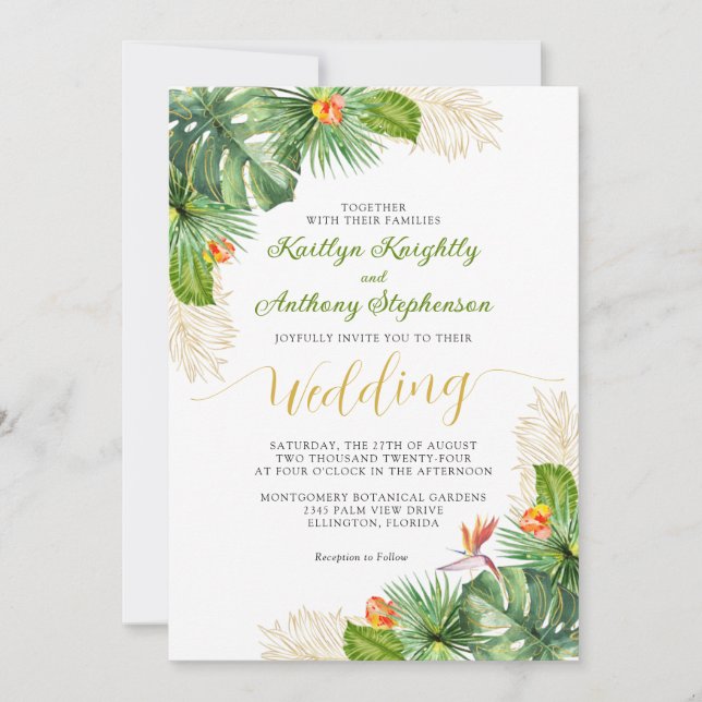 Tropical Wedding Watercolor Palm Floral Invitation (Front)