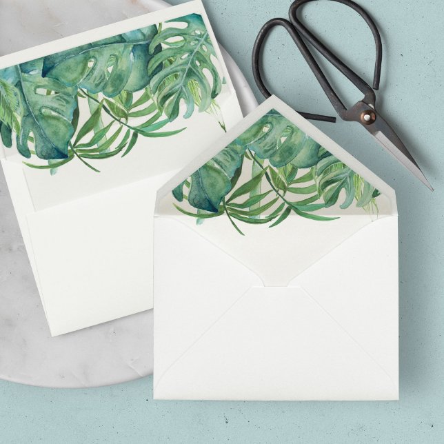 Tropical Wedding Watercolor Palm Leaves Envelope Liner (Envelope Liner Tropical Wedding Watercolor Palm Leaves )