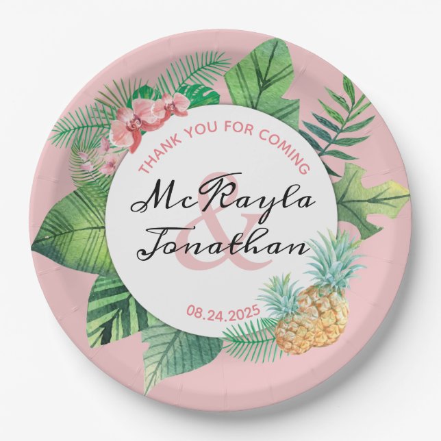 Tropical Wedding Watercolor Pineapple Orchid Leaf Paper Plates (Front)