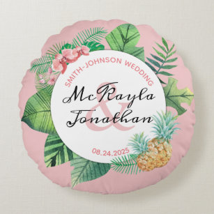 Tropical Wedding Watercolor Pineapple Orchid Leaf Round Pillow