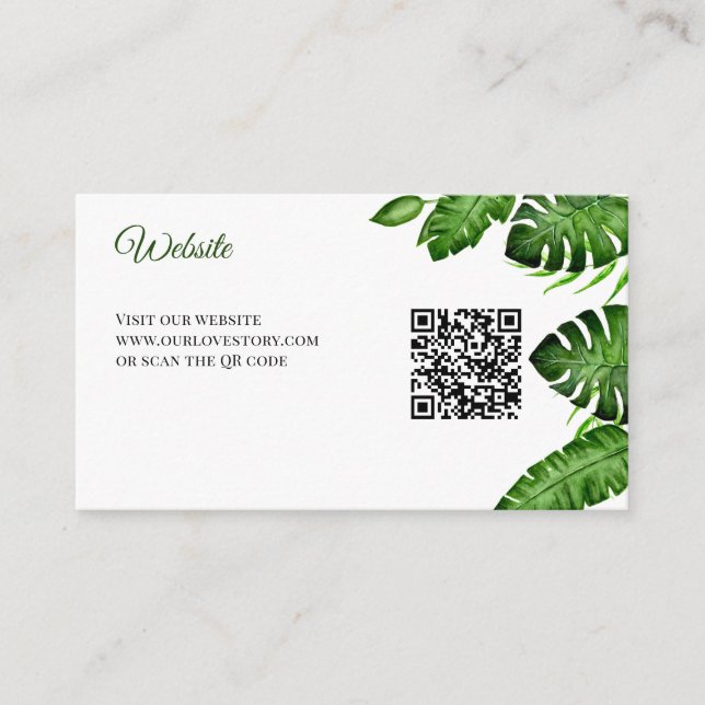 Tropical Wedding Website QR Code Monstera Greenery Enclosure Card (Front)