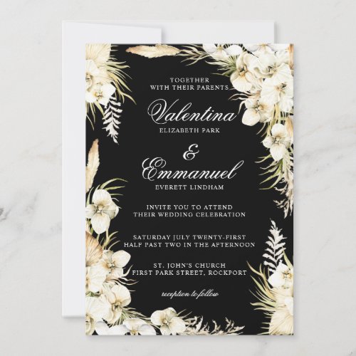 Tropical Wedding White Floral on Black Invitation