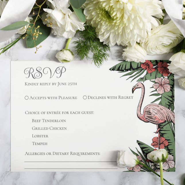 Tropical Wedding White RSVP Card (Elegant & Chic White Floral Flamingo Tropical, Summer or Beach Wedding RSVP Response Card. )