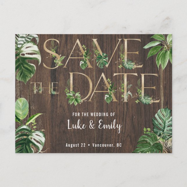 Tropical Wedding Wood & Rustic Save the Date Postcard (Front)