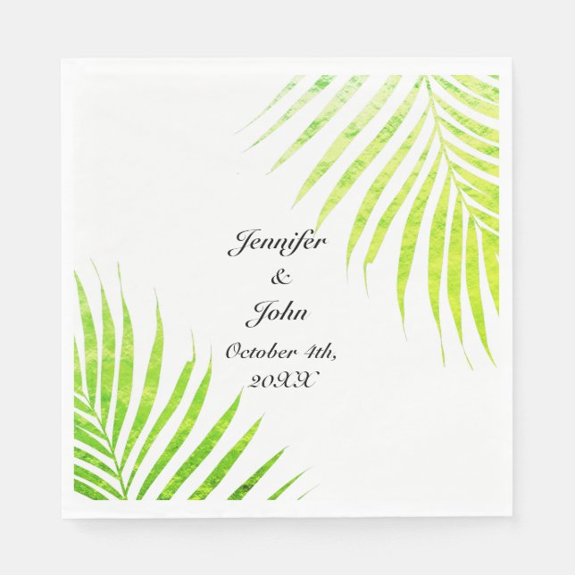 Tropical Weddings Glittery Green Palm Tree Leaf  Napkins (Front)