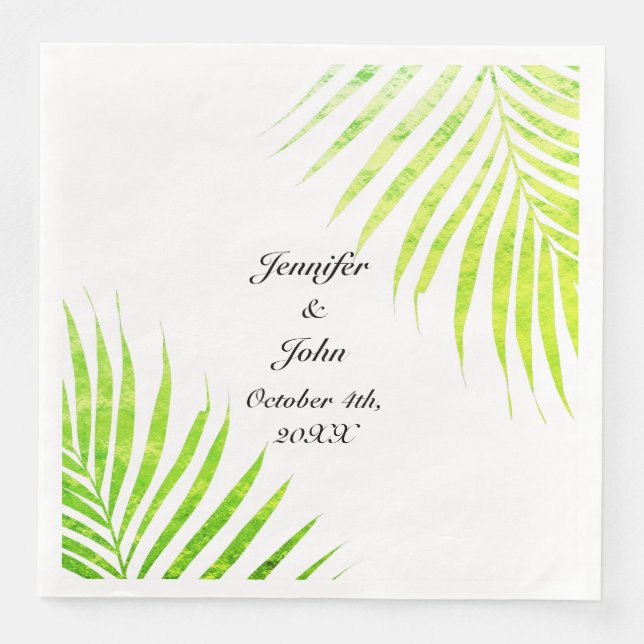 Tropical Weddings Glittery Green Palm Tree Leaf  Paper Dinner Napkins (Front)