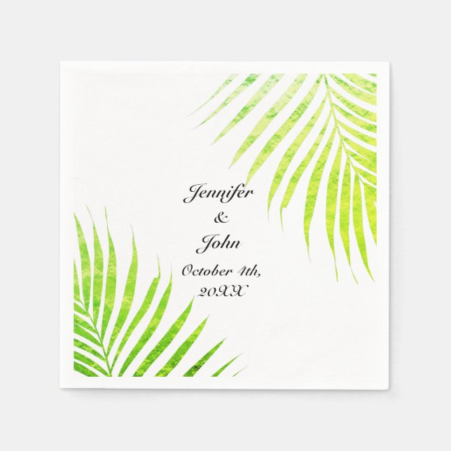 Tropical Weddings Palm Tree Glittery Green Leaf Napkins (Front)