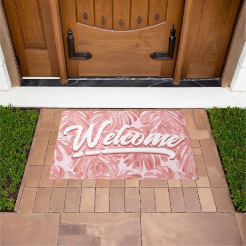 Tropical Welcome Girly Pastel Pink Palm Leaves Doormat