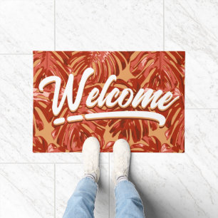 Tropical Welcome Orange Monstera Leaves Beach Doormat