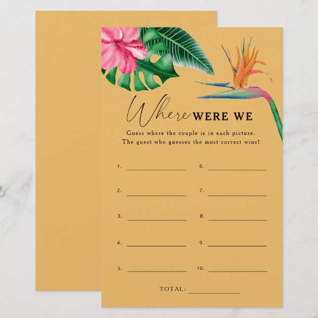 Tropical - Where were we bridal shower game (Front/Back)
