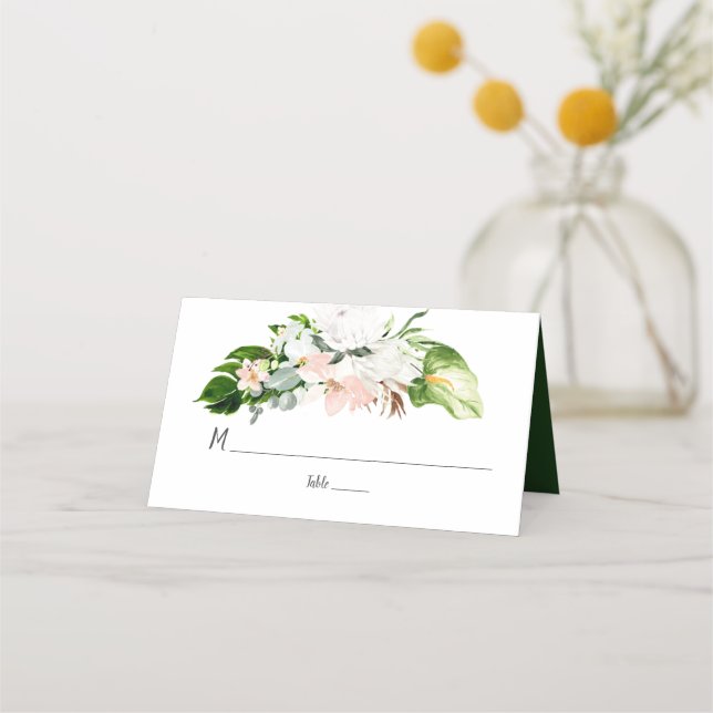 Tropical White and Blush Watercolor Flowers Place Card (Front)