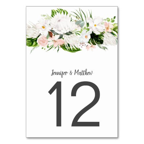 Tropical White and Blush Watercolor Flowers Table Number