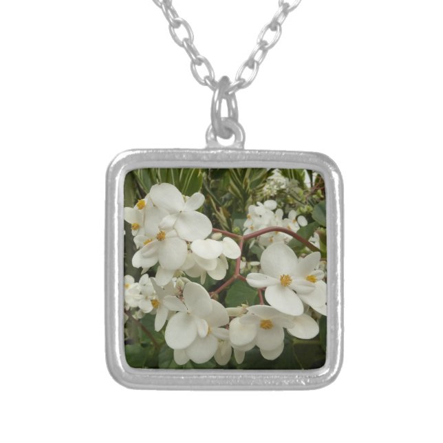 Tropical White Begonia Floral Silver Plated Necklace (Front)