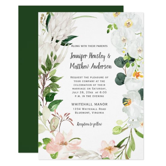 Tropical White Blush Orchids Magnolias Wedding Invitation