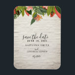 Tropical White Brick Wedding Save The Date Magnet<br><div class="desc">A wedding save the date magnet featuring an image of tropical flowers and palm leaves across top and bottom over a white brick background.</div>
