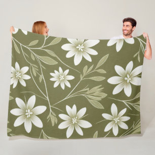 Tropical White Daisies on Olive Green Elegant Fleece Blanket